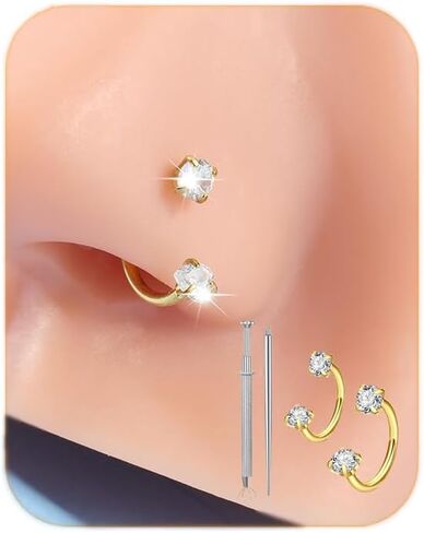 MODRSA 6mm 8mm 18g Horseshoe Nose Ring Hoop 18 gauge Gold Double Gem Horse Shoe Nose Rings for Women Surgical Steel Half Hoop U Shape Small Tragus Earring Helix Piercing Jewelry Septum Rings 18g in Saudi Arabia