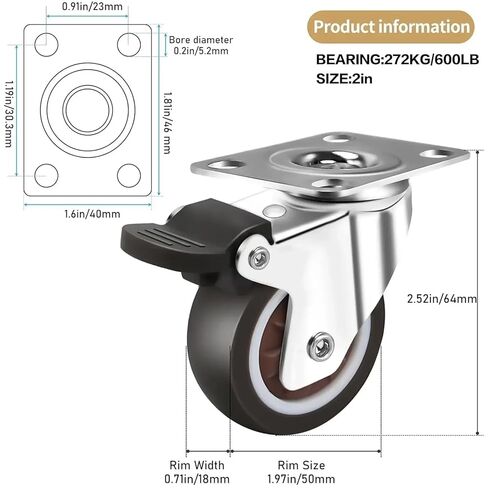 Universal Swivel Casters Heavy Duty Furniture Wheel Castor Silent Trolley Wheels 2inch 4Pcs(1 inch Combination) in Kuwait