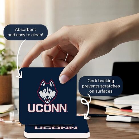 قواعد أكواب جامعة صبار الصحراء في كونيتيكت UConn Huskies قواعد أكواب مربعة ماصة للماء - مصنوعة من الحجر الرملي الطبيعي (عبوة مربعة من 4 قطع - أ) in Kuwait