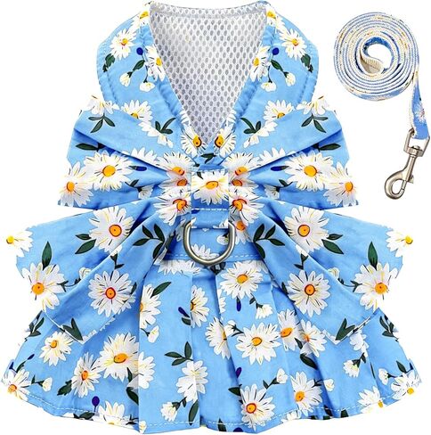 Dog Dress Bowknot Harness Leash Set for Small Dogs Cats Daisy Floral Girl Dog Dresses Cute Puppy Princess Clothes Pet Doggy Outfits Spring Summer Breathable Dresses(Blue,X-Small) in Saudi Arabia