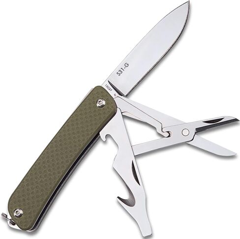 Ruike Keychain سكين جيب صغير، قابل للطي 6 في 1 متعدد الأدوات، 12C27 فولاذ مقاوم للصدأ، مقبض G10، معدات صيد تكتيكية صغيرة EDC للتخييم والبقاء على قيد الحياة، مقص مضغوط رئيسي، مفك براغي، أداة فتح الزجاجات in Kuwait