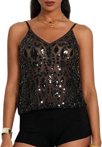 بلايز نسائية Y2k سباركلي بدون أكمام ورقبة على شكل حرف V شبه شفافة من خلال الترتر تانك القمم للحفلات مطرزة بالخرز in Kuwait