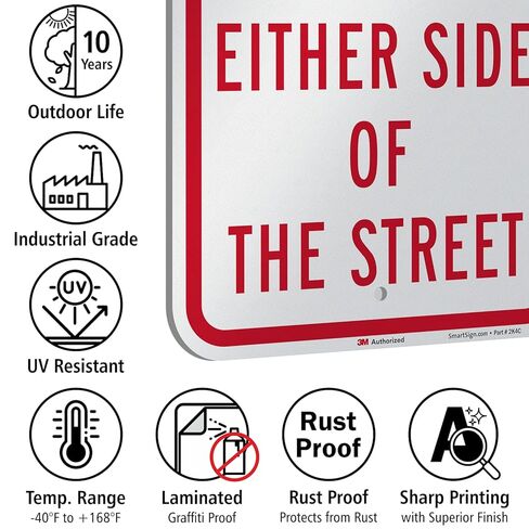 SmartSign 18 x 12 inch “No Parking - Either Side Of The Street" Metal Sign, 63 mil Aluminum, 3M Laminated Engineer Grade Reflective Material, Red and White, Made in USA in Kuwait