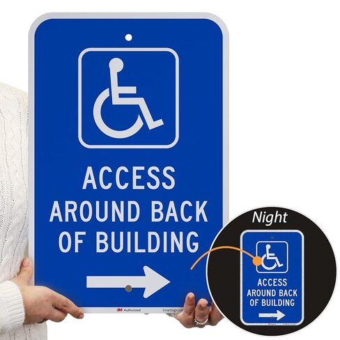 SmartSign 18 × 12 بوصة لافتة معدنية "الوصول حول الجزء الخلفي من المبنى" مع رمز ADA وسهم لليمين، ألومنيوم 63 مل، مادة عاكسة من الدرجة الهندسية مغلفة 3M، أزرق وأبيض، صناعة أمريكية in Kuwait