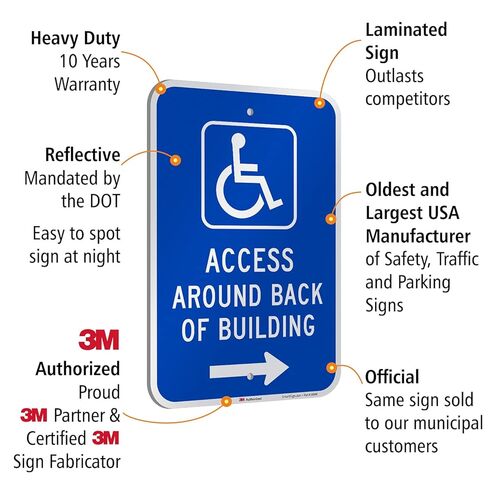 SmartSign 18 × 12 بوصة لافتة معدنية "الوصول حول الجزء الخلفي من المبنى" مع رمز ADA وسهم لليمين، ألومنيوم 63 مل، مادة عاكسة من الدرجة الهندسية مغلفة 3M، أزرق وأبيض، صناعة أمريكية in Kuwait