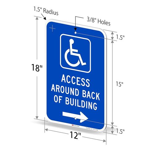 SmartSign 18 × 12 بوصة لافتة معدنية "الوصول حول الجزء الخلفي من المبنى" مع رمز ADA وسهم لليمين، ألومنيوم 63 مل، مادة عاكسة من الدرجة الهندسية مغلفة 3M، أزرق وأبيض، صناعة أمريكية in Kuwait