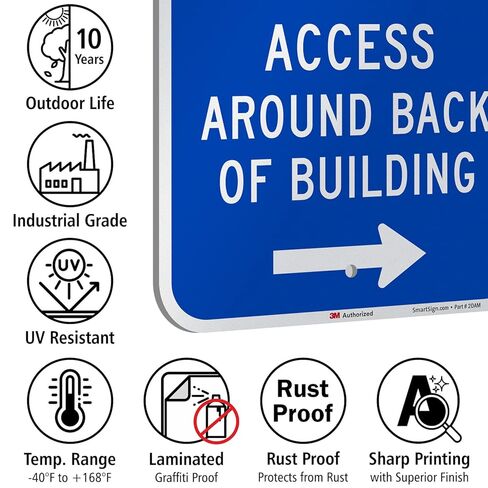 SmartSign 18 × 12 بوصة لافتة معدنية "الوصول حول الجزء الخلفي من المبنى" مع رمز ADA وسهم لليمين، ألومنيوم 63 مل، مادة عاكسة من الدرجة الهندسية مغلفة 3M، أزرق وأبيض، صناعة أمريكية in Kuwait