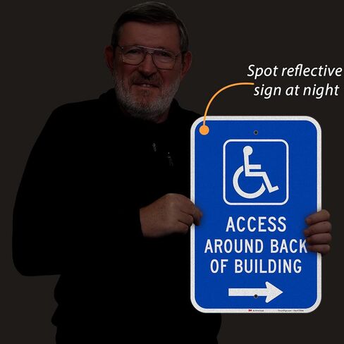 SmartSign 18 × 12 بوصة لافتة معدنية "الوصول حول الجزء الخلفي من المبنى" مع رمز ADA وسهم لليمين، ألومنيوم 63 مل، مادة عاكسة من الدرجة الهندسية مغلفة 3M، أزرق وأبيض، صناعة أمريكية in Kuwait