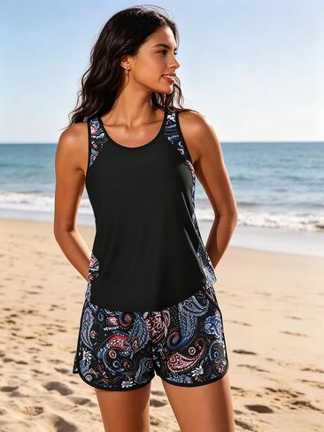 Women's Plus Size 2 Piece Tankini Swimsuit Tropical Print Tank Top with Boyshort Bottom for Summer Beach Vacation Pool Wear in Kuwait
