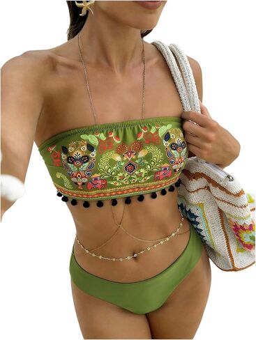 MAKEMECHIC Women's Boho Strapless Swimsuits Bandeau Mid Waist 2 Piece Bikini Set in Kuwait