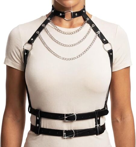 BODIY Leather Chest Belt Black Chest Harness Punk Waist Belt Layered Body Chain for Women in Saudi Arabia