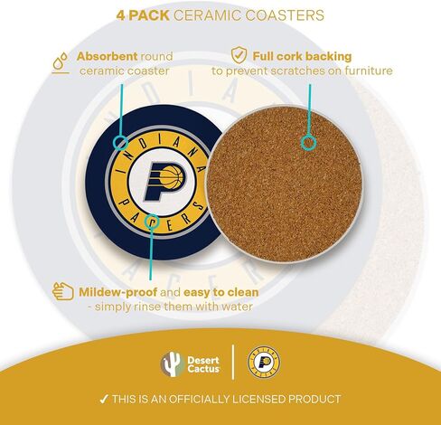 Desert Cactus Indiana Pacers Circle Ceramic Coasters 4 Pack NBA National Basketball League Absorbent Drink Coasters with Cork Backing (Design A) in Kuwait