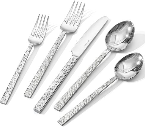 KINGSTONE 40 Pcs Black Hammered Silverware Set for 8, 18/10 Stainless Steel Heavy Duty Flatware Set, Tableware Cutlery Utensil Sets for Home Restaurant Dishwasher Safe in Kuwait