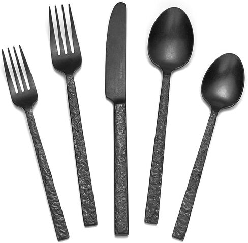 KINGSTONE 40 Pcs Black Hammered Silverware Set for 8, 18/10 Stainless Steel Heavy Duty Flatware Set, Tableware Cutlery Utensil Sets for Home Restaurant Dishwasher Safe in Saudi Arabia