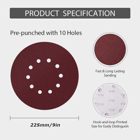 Power PRO 2100-24Pcs 9inch/225mm Sanding Abrasive Discs, Grits 4X 80/100/120/150/180/240 Sanding Discs Sandpaper for Drywall Sander and Polisher, 1 Set of 24 with 10 Vent Holes in Kuwait