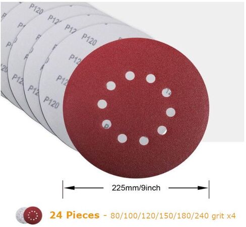 Power PRO 2100-24Pcs 9inch/225mm Sanding Abrasive Discs, Grits 4X 80/100/120/150/180/240 Sanding Discs Sandpaper for Drywall Sander and Polisher, 1 Set of 24 with 10 Vent Holes in Kuwait