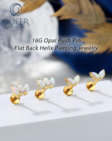 OUFER Gold Helix Piercing Jewelry 16G 6/8MM Opal Leaf Forward Helix Earrings, 316L Surgical Steel Flat Back Push Pin Labret Lip Cartilage Tragus Piercing Jewelry in Saudi Arabia