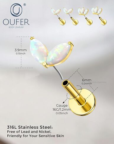 OUFER Gold Helix Piercing Jewelry 16G 6/8MM Opal Leaf Forward Helix Earrings, 316L Surgical Steel Flat Back Push Pin Labret Lip Cartilage Tragus Piercing Jewelry in Saudi Arabia