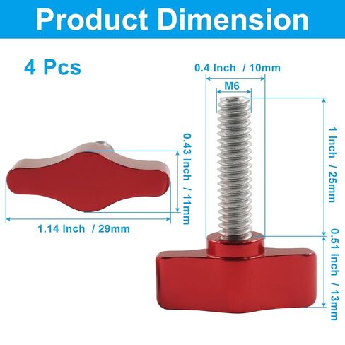 4 Pack M6 x 25mm Red Z Type Handle Thumb Screw Stainless Steel T-Shaped Wing Adjustable Knob AluminumHead Mechanical Handle Bolts for Sawing Machines & Woodworking Machinery in Kuwait
