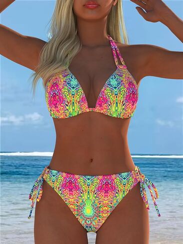 Women's 2-piece Colorful Printed Adjustable Side Strap Triangle Bikini Set in Kuwait