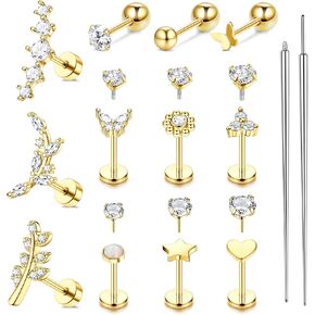 Cartilage Earrings for Women Hypoallergenic Surgical Steel Flat Back Stud Earrings Set 18K Gold Plated Push in Nose Studs Screw on Lip Labret Helix Tragus Piercing Jewelry 16G 18G 20G in Saudi Arabia