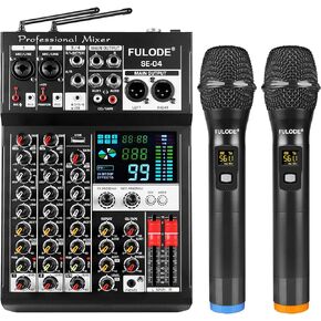 جهاز مزج الصوت، لوحة خلط صوت 4 قنوات مع ميكروفون لاسلكي مزدوج و99DSP، وحدة تحكم DJ احترافية مع MP3 بلوتوث 48 فولت، لوحة طاقة فانتوم، واجهة USB لتسجيل البث المباشر للكاريوكي المنزلي in Kuwait