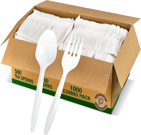 Plasticpro Silverware Cutlery Combo Set 500 Plastic Teaspoons & 500 Plastic Forks Medium Weight Disposable Silverware White (1000 Count Total) in Kuwait