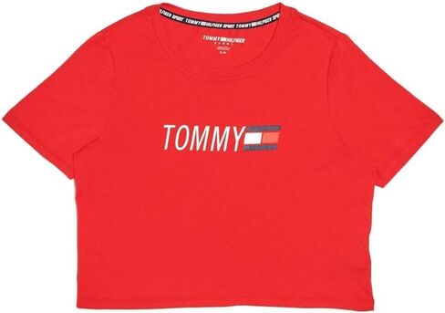 Tommy Hilfiger Logo Crewneck Crop Womens Active Shirts & Tees Size M, Color: Red/White/Navy in Kuwait