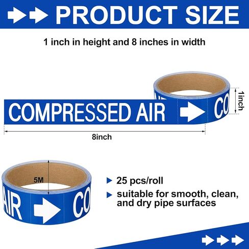 2 Roll Economy Pipe Markers - 1" Height x 8" Width Compressed Air Pipe Labels, White Blue Self-Sticking Plastic Film in Saudi Arabia