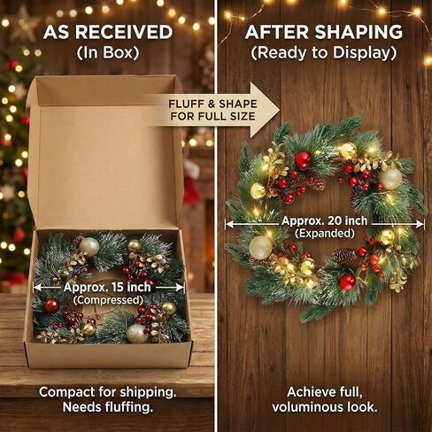 DomeStar 24 Inch Christmas Wreath with Lights, Large Outdoor Waterproof Christmas Wreath with Pine Cones Berry Clusters Frosted Branches for Party Home Porch Walls Decor in Saudi Arabia