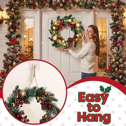 DomeStar 24 Inch Christmas Wreath with Lights, Large Outdoor Waterproof Christmas Wreath with Pine Cones Berry Clusters Frosted Branches for Party Home Porch Walls Decor in Saudi Arabia