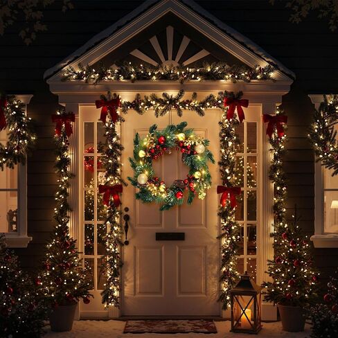 DomeStar 24 Inch Christmas Wreath with Lights, Large Outdoor Waterproof Christmas Wreath with Pine Cones Berry Clusters Frosted Branches for Party Home Porch Walls Decor in Saudi Arabia