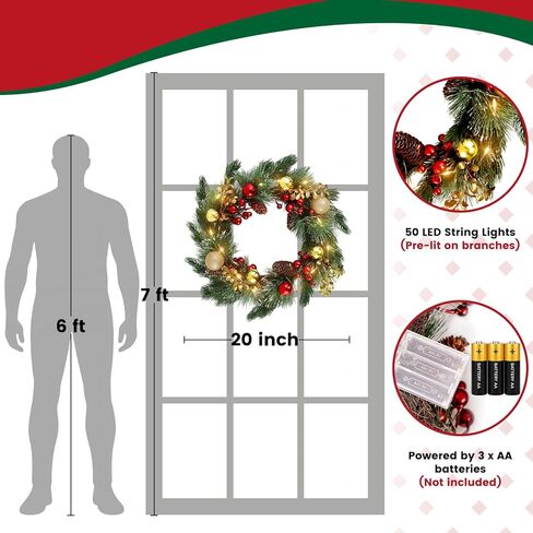 DomeStar 24 Inch Christmas Wreath with Lights, Large Outdoor Waterproof Christmas Wreath with Pine Cones Berry Clusters Frosted Branches for Party Home Porch Walls Decor in Saudi Arabia