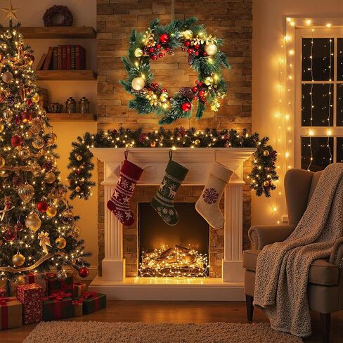 DomeStar 24 Inch Christmas Wreath with Lights, Large Outdoor Waterproof Christmas Wreath with Pine Cones Berry Clusters Frosted Branches for Party Home Porch Walls Decor in Saudi Arabia