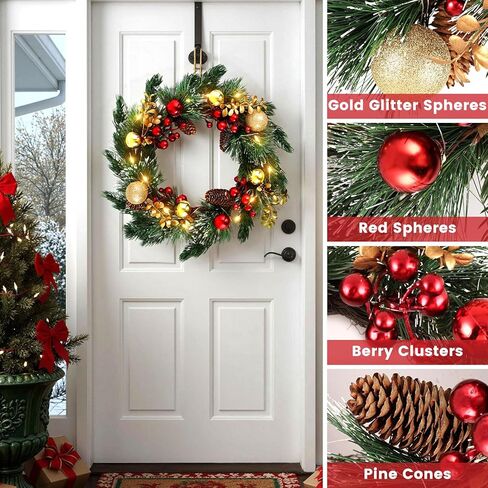 DomeStar 24 Inch Christmas Wreath with Lights, Large Outdoor Waterproof Christmas Wreath with Pine Cones Berry Clusters Frosted Branches for Party Home Porch Walls Decor in Saudi Arabia