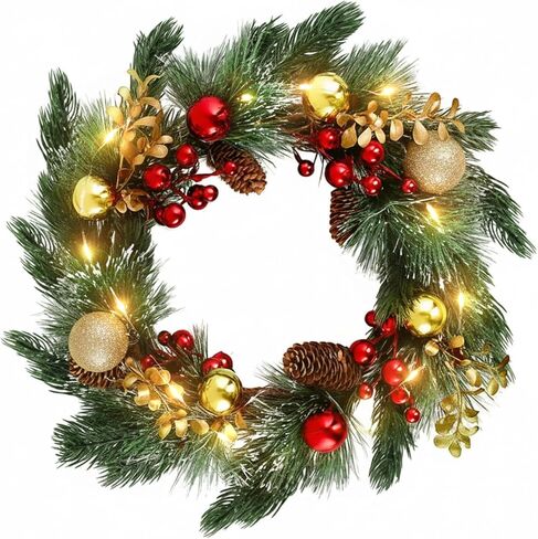 DomeStar 24 Inch Christmas Wreath with Lights, Large Outdoor Waterproof Christmas Wreath with Pine Cones Berry Clusters Frosted Branches for Party Home Porch Walls Decor in Saudi Arabia