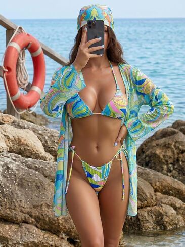 طقم ملابس سباحة بيكيني شيك دوبامين 4 قطع مع غطاء طويل الأكمام للنساء ملابس سباحة لباس سباحة لقضاء عطلة على الشاطئ واليخوت in Kuwait