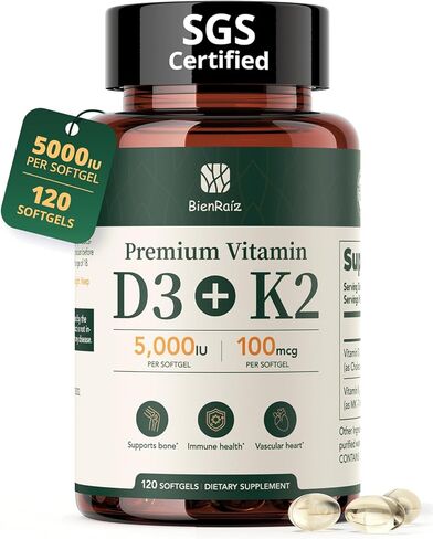 فيتامين D3 K2 5000IU 100mcg MK-7، 120 كبسولة هلامية، 2 في 1 K2 D3 مكمل فيتامين لصحة العظام، دعم المناعة، امتصاص أفضل للكالسيوم، سهل البلع، مرة واحدة يوميًا، كمية تكفي 120 يومًا in Saudi Arabia