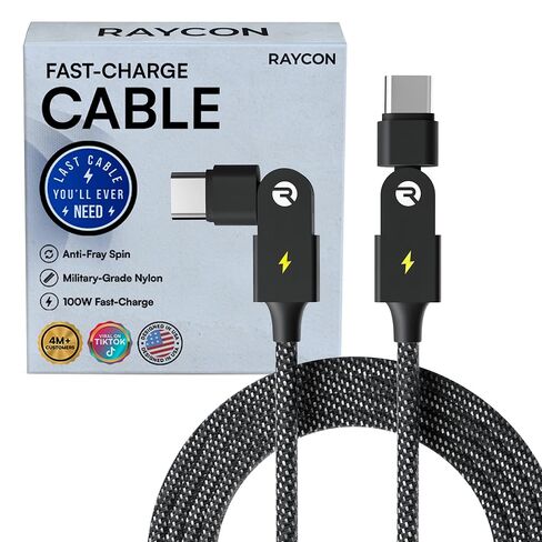 كابل Raycon Magic Spin - كابل USB C إلى USB C شحن سريع 100 وات، سلك شحن سريع من النوع C لهواتف iPhone 17/16/15 وSamsung وAndroid وخالي من التشابك، كابل USBC من النايلون المضفر إلى USBC (أزرق، 10 أقدام) in Kuwait