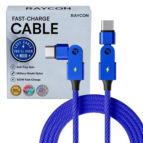 Raycon Magic Spin Cable - USB C to USB C Cable 100W Fast Charging, Type C Charger Fast Charging Cord for iPhone 17/16/15, Samsung, Android, Tangle-Free, Braided Nylon USBC to USBC Cable (Blue, 10ft) in Saudi Arabia