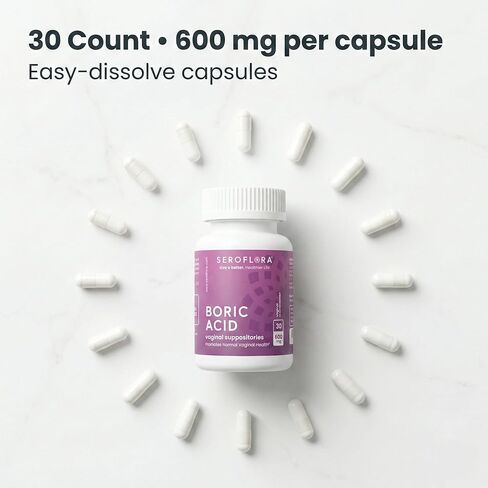 Seroflora Boric Acid 600mg Feminine Capsules, Feminine pH Support, Intimate Freshness for Women, Fast-Dissolving Capsules (30 Count) in Saudi Arabia