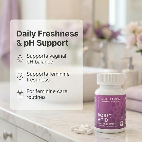 Seroflora Boric Acid 600mg Feminine Capsules, Feminine pH Support, Intimate Freshness for Women, Fast-Dissolving Capsules (30 Count) in Saudi Arabia