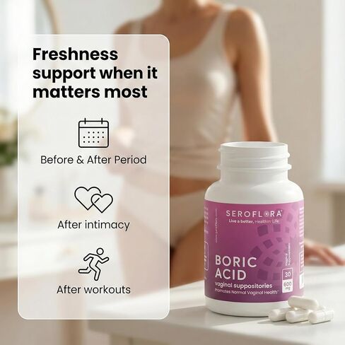 Seroflora Boric Acid 600mg Feminine Capsules, Feminine pH Support, Intimate Freshness for Women, Fast-Dissolving Capsules (30 Count) in Saudi Arabia
