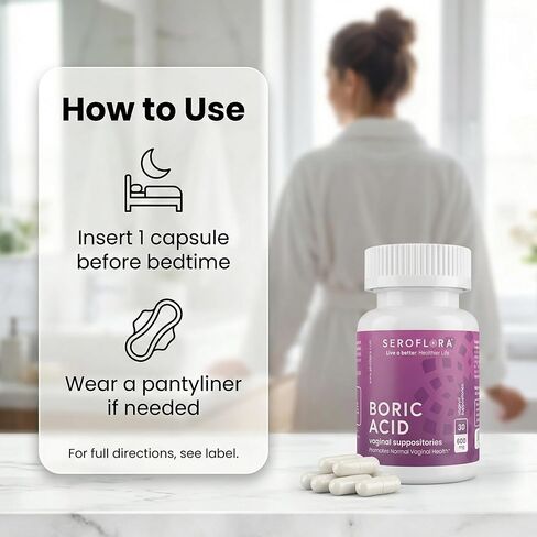Seroflora Boric Acid 600mg Feminine Capsules, Feminine pH Support, Intimate Freshness for Women, Fast-Dissolving Capsules (30 Count) in Saudi Arabia