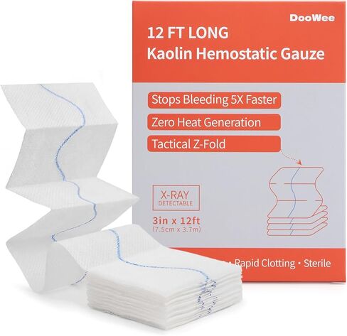 شاش DooWee Kaolin المرقئ - ضمادة قتالية متقدمة قابلة للطي على شكل Z للتحكم في النزيف في حالات الطوارئ، شاش تخثر سريع مع خط الأشعة السينية للإسعافات الأولية ومجموعات IFAK، 3 بوصة × 12 قدم in Kuwait