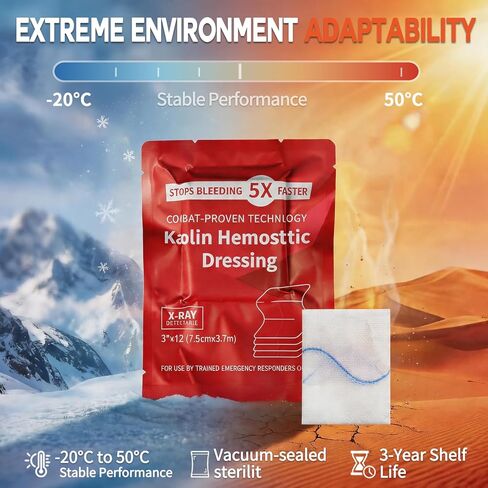 شاش DooWee Kaolin المرقئ - ضمادة قتالية متقدمة قابلة للطي على شكل Z للتحكم في النزيف في حالات الطوارئ، شاش تخثر سريع مع خط الأشعة السينية للإسعافات الأولية ومجموعات IFAK، 3 بوصة × 12 قدم in Kuwait