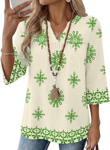 Rapbin Womens 3/4 Sleeve V Neck Floral Print Pleated Blouses for Women Dressy Casual Loose Fit Tops in Saudi Arabia