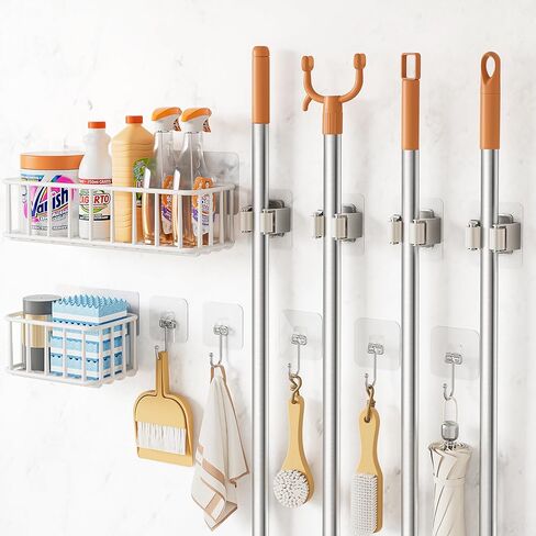 11 Pack Broom Holder Wall Mount Self Adhesive,Broom and Mop Organizer Wall Hanging with Cleaning Supplies Organizer and Utility Hooks Grippers,Broom Hanger Storage Rack for Closet Cabinet Laundry Room in Kuwait