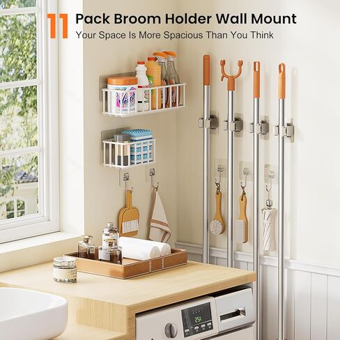 11 Pack Broom Holder Wall Mount Self Adhesive,Broom and Mop Organizer Wall Hanging with Cleaning Supplies Organizer and Utility Hooks Grippers,Broom Hanger Storage Rack for Closet Cabinet Laundry Room in Kuwait