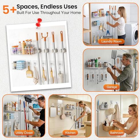11 Pack Broom Holder Wall Mount Self Adhesive,Broom and Mop Organizer Wall Hanging with Cleaning Supplies Organizer and Utility Hooks Grippers,Broom Hanger Storage Rack for Closet Cabinet Laundry Room in Kuwait